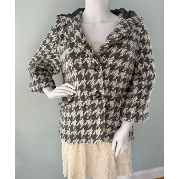 Anthropologie Cropped Houndstooth Hooded Jacket Wool Blend Grey Coat size M - Picture 2 of 10